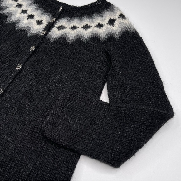 Fair Isle Cardigan Sweater Hand Knit Iceland Wool Black Grey Fisherman Apres Ski - Picture 3 of 15